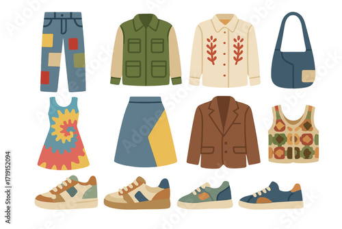 Upcycled Fashion Icons. Flat icon set of upcycled clothing: patchwork jeans, repurposed jacket, embroidered