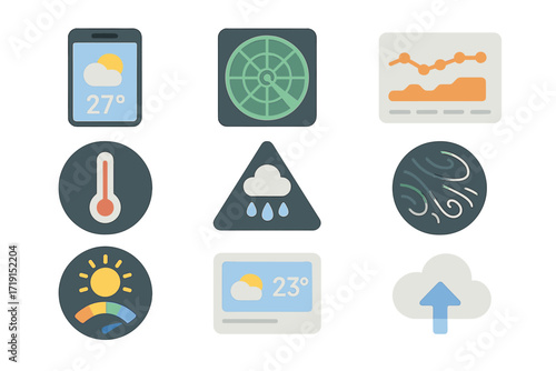 Weather App Icons. Flat icon set of weather apps: smartphone weather app, radar map, forecast chart,