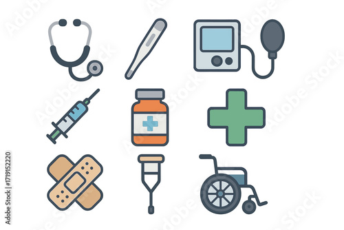 Healthcare Icon Set. Flat icon set of general healthcare: stethoscope, thermometer, blood pressure monitor,