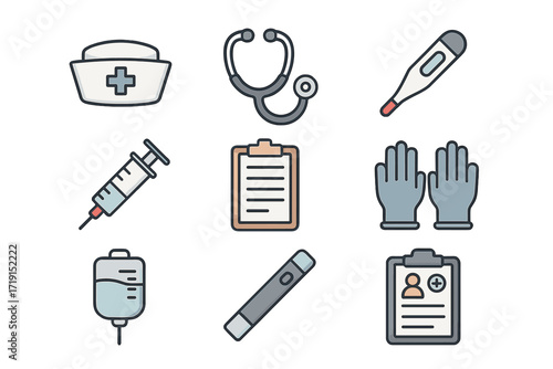Nursing Tools Icons. Flat icon set of nursing tools: nurse cap, stethoscope, thermometer, injection, clipboard