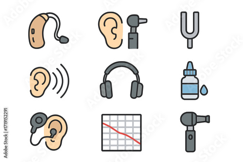 Hearing Care Icons. Flat icon set of hearing care: hearing aid, ear examination tool, tuning fork, sound waves