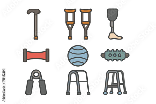 Rehabilitation Icons Grid. Flat icon set of rehabilitation: walking cane, crutches, prosthetic leg, wheelchair