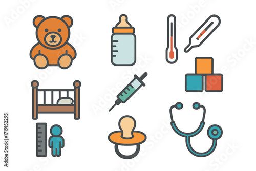 Pediatric Icon Set. Flat icon set of pediatrics: teddy bear, baby bottle, thermometer, child bed, vaccination