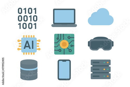 Computer Science Icons. Flat icon set of computer science: binary code, laptop, cloud, server rack, AI chip,