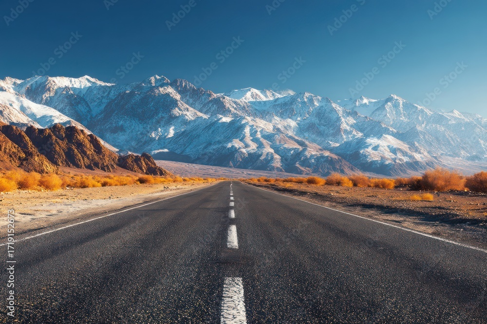 Fototapeta premium Serene Desert Road with Majestic Snow-Capped Mountains in Background