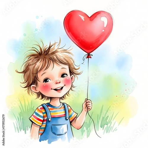 Joyful Boy with Heart Balloon A Watercolor Illustration of Love and Happiness
