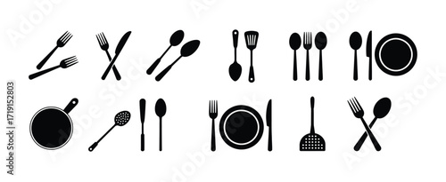 Collection of Black and White Silhouettes of Kitchen Utensils and Cutlery
