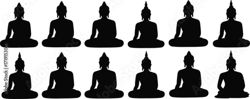 Black Buddha Silhouettes Set, Various Meditating Poses, Spiritual and Religious Icon Collection, Peaceful Zen Symbolism, Buddhist Art Vector Illustrations