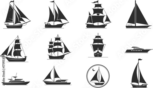  Black and White Sailboat Icons Set, Diverse Boat and Yacht Silhouettes, Classic Nautical and Maritime Symbols, Vector Illustration Collection, Ocean Transport