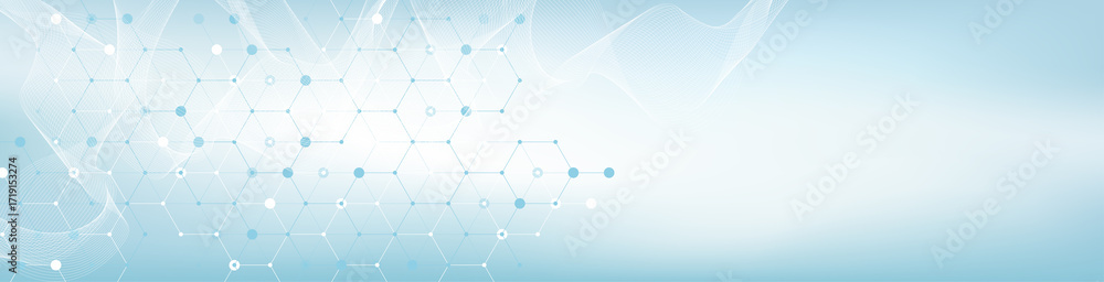 Obraz premium Modern health care or medical background design. Health care innovation concept. Horizontal header web banner. Abstract geometric background with hexagon shapes for medicine, science, chemistry.
