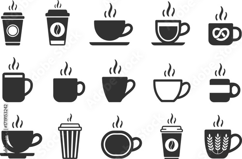 Flat vector illustration of coffee cup icons, hot drink mugs, takeaway coffee cups, tea cup symbols, steaming beverage graphics