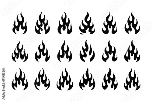 Collection of Black Flame Icons and Symbols on White Background