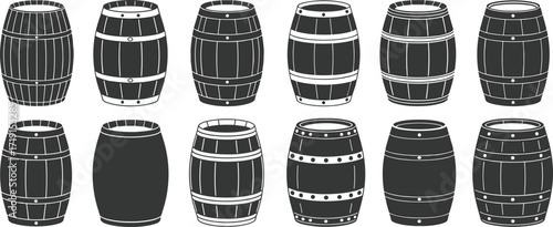 Flat vector illustration of wooden barrel icons, vintage cask symbols, whiskey keg, wine storage container, beer barrel graphics, rustic design
