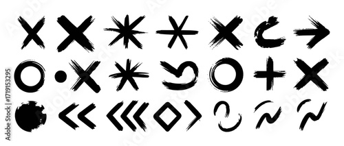Collection of Black Brush Stroke Symbols and Icons on White Background