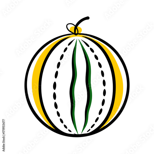 Stylized illustration of a sliced watermelon with black outline, yellow rind and green flesh design