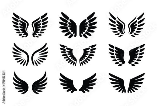 Collection of Black Silhouette Angel Wings Icons on White Background