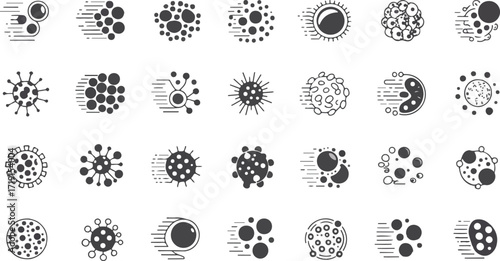 Bubble foam icon set. Vector glyph pictograms of water bubbles, sparkle, cleanliness, air movement, effervescent, underwater black silhouette illustration