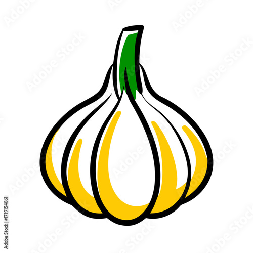 Illustration of a garlic bulb with white cloves yellow accents and a green stem on a white background