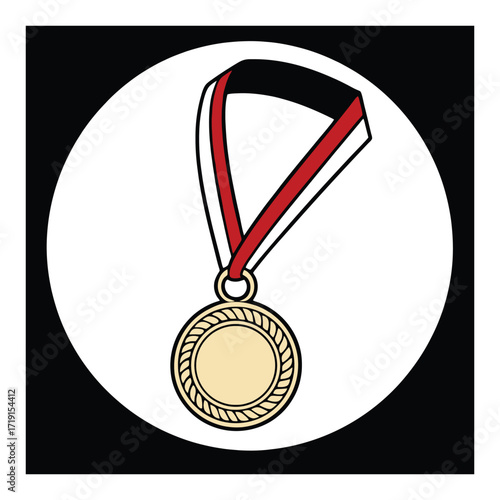 Golden award medal with red ribbon flat icon symbol of achievement and victory 