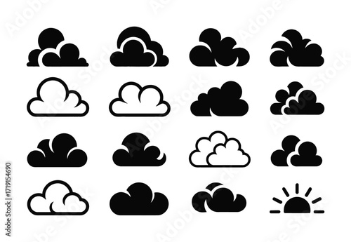 Collection of Diverse Cloud and Sunrise Icons in Black and White