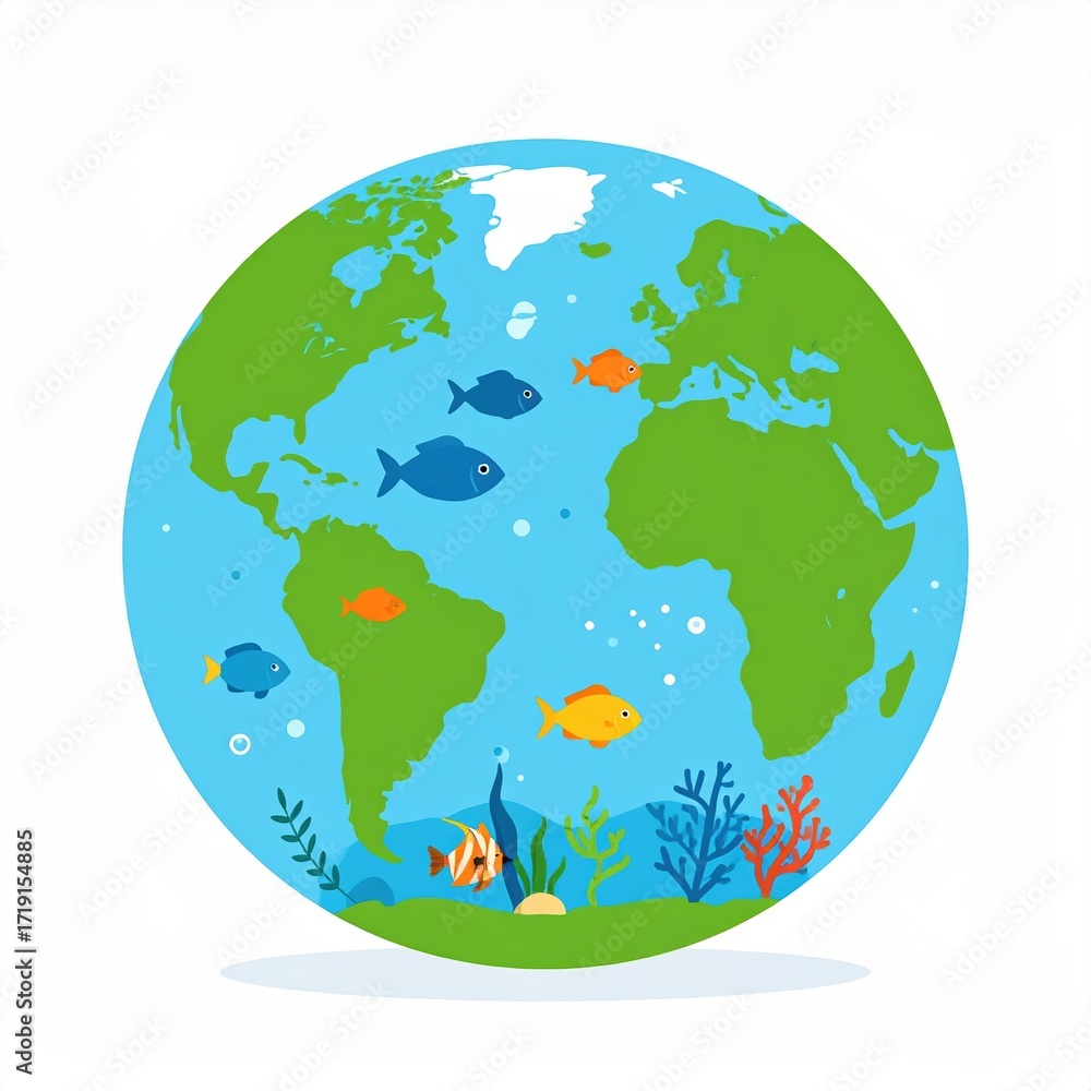 Naklejka premium Colorful illustration of Earth with diverse marine life swimming in oceans.