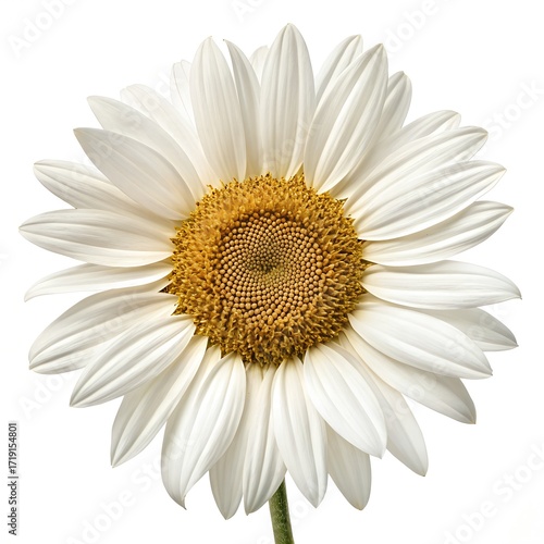 Close-up of single white daisy flower with yellow disc and elongated petals on white background