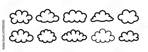 Collection of Hand-Drawn Cloud Icons in Black and White