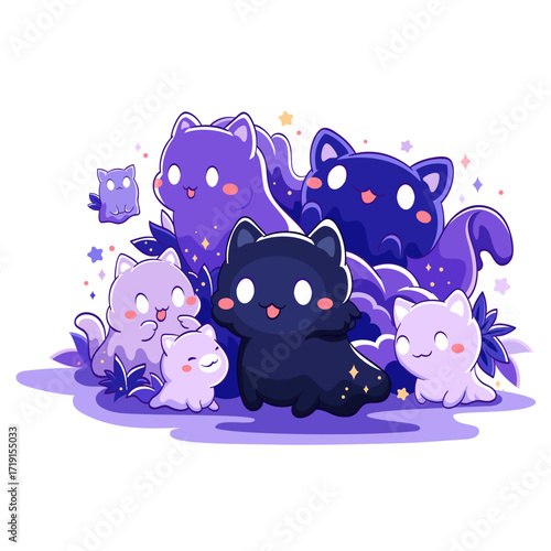 Adorable ghost kittens. Happy Halloween card with cute kitty ghosts in kawaii style. Can be used for t-shirt print, sticker, greeting card, badge design. Vector illustration EPS8