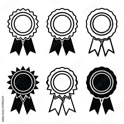 Collection of six award seals ribbons flat icons for achievement and recognition concepts