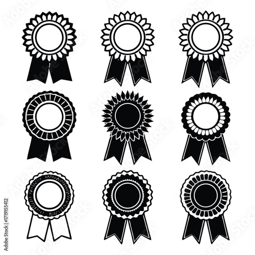 Collection of nine different award ribbon seals recognition achievement symbols flat icons 