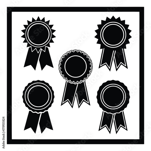 Collection of five award seals with ribbons flat icon design for recognition and achievement 