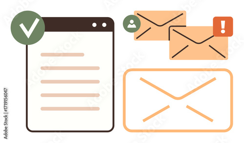 Browser window with approval checkmark, envelopes, alert sign, and user avatar emphasizing messaging, email, teamwork, attention, notifications, communication and task management as a simple flat