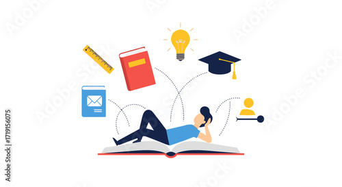 Conceptual illustration of a person learning from a giant book. Vector Illustrations. EPS Editable