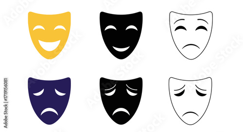 Comedy and tragedy theater masks set in different styles. Vector Illustrations. EPS Editable