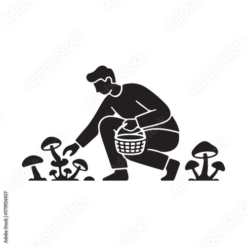 Person Foraging Mushrooms Silhouette Vector on White Background