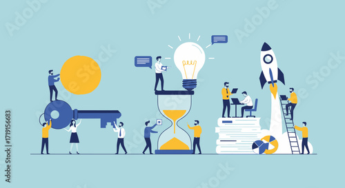 Creative Team Collaborating on Business Growth and Innovation. Vector Illustrations. EPS Editable