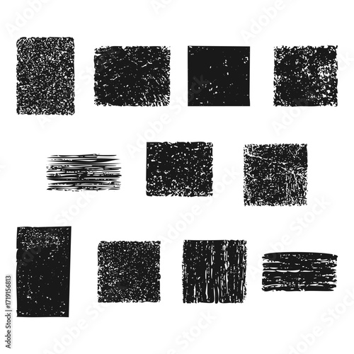 Grunge texture set of distressed ink rectangles vector. Rough grain noise brush squares pack. Vintage gritty stamp textures collection.