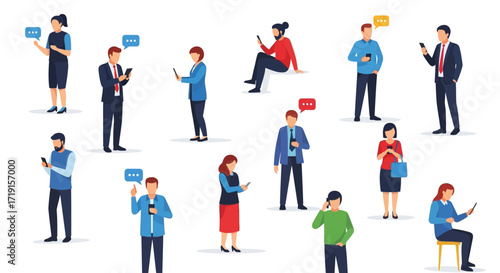 Diverse set of cartoon people using smartphones and tablets for social media communication and browsing online. Vector Illustrations. EPS Editable