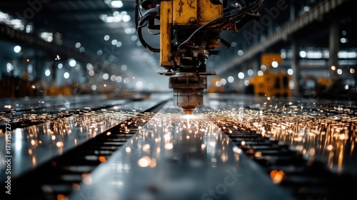 Futuristic robot welding steel frames inside an industrial plant with sparks illuminating the dark atmosphere