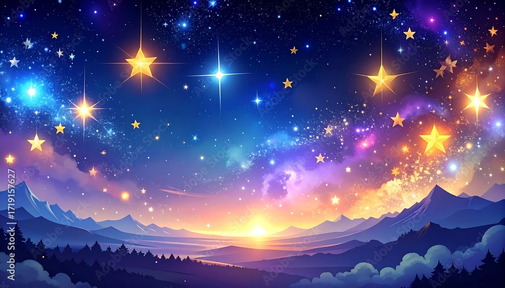 Fototapeta premium Colorful starry sky over a sunrise mountain landscape