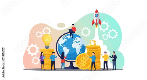 Global Business Startup Concept with Rocket Launch and Teamwork. Vector Illustrations. EPS Editable