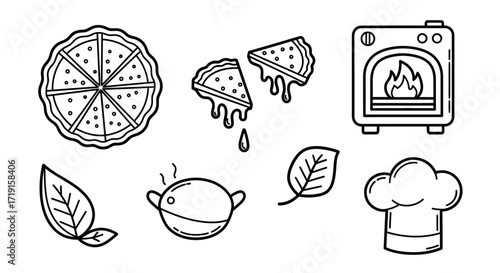 Hand drawn pizza making elements collection in a black and white doodle style. Vector Illustrations. EPS Editable