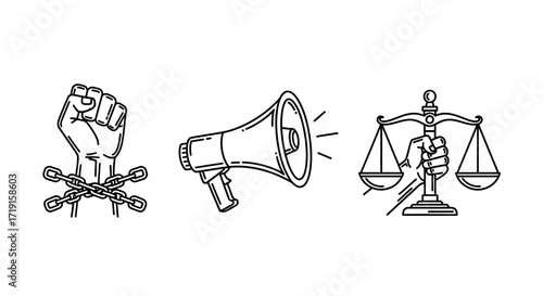 Hand drawn social justice icons with protest fist megaphone and law scales. Vector Illustrations. EPS Editable
