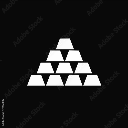 A minimalist white icon illustrates a perfectly stacked pyramid of gleaming gold bars, symbolizing immense wealth, secure investment, and financial prosperity.