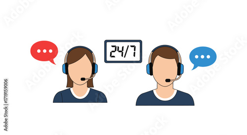 Male and female call center operators providing 24 7 customer support. Vector Illustrations. EPS Editable