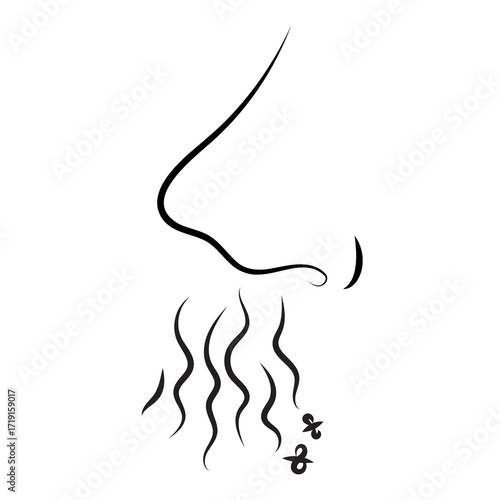 Hand drawn minimalist vector icon of a nose with scent waves