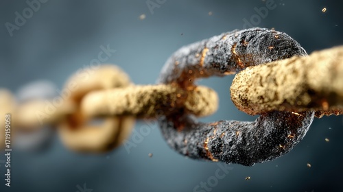 Stylized conceptual portrayal of blockchain architecture with metallic spheres and chains in a misty blue void