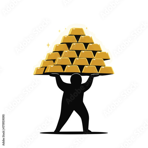 A determined silhouette carries a towering pyramid of gleaming gold bars, symbolizing immense wealth, financial success, and the heavy burden of prosperity.
