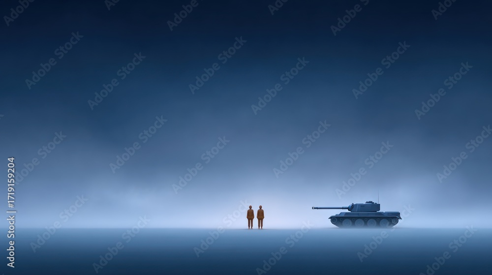 Fototapeta premium Two Silhouetted Figures Standing Beside a Tank in a Foggy Landscape