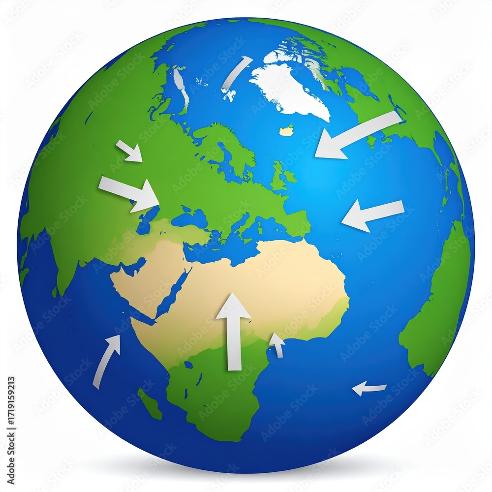 Naklejka premium World map illustration depicting global wind patterns.